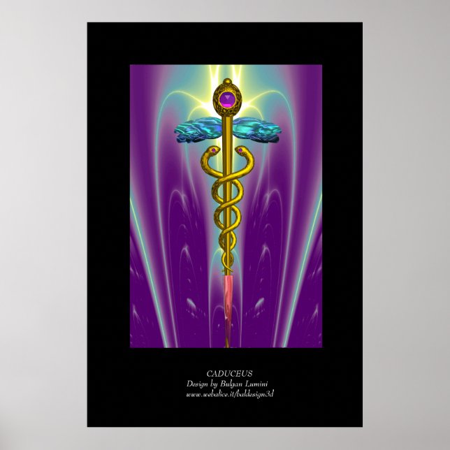 Póster Símbolo médico CADUCEO de oro Púrpura Verde Negro (Frente)