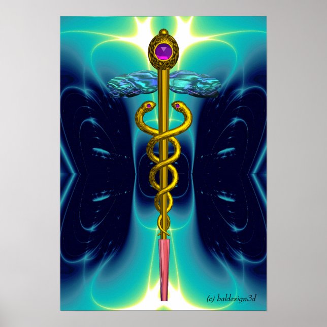 Póster Símbolo médico CADUCEUS de oro con olas azules tur (Frente)
