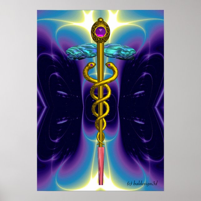 Póster Símbolo médico CADUCEUS GOLD Olas azul púrpura (Frente)