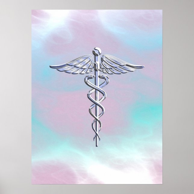 Póster Símbolo médico de Caduceus plateado Madre Perla (Frente)