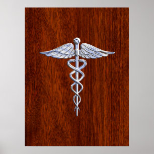 Póster Símbolo médico plateado parecido a Caduceus Impres