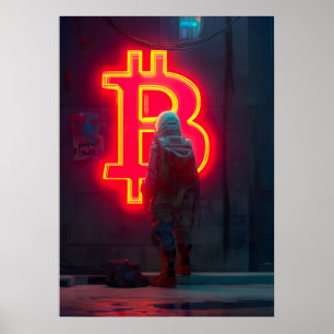 Póster Símbolo neón de Bitcoin Cyber City