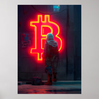 Póster Símbolo neón de Bitcoin Cyber City