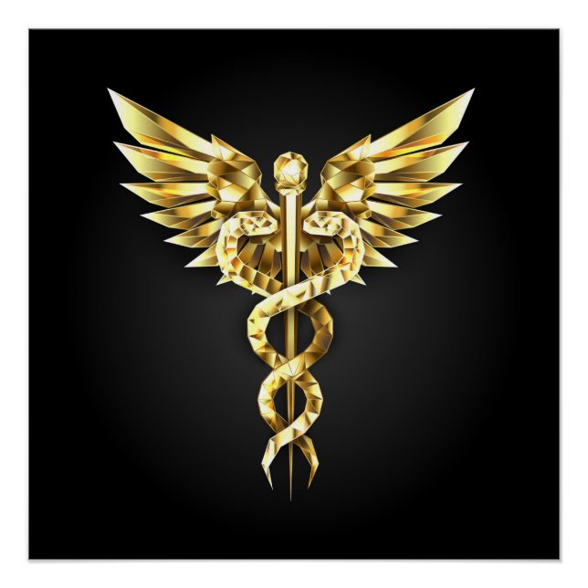 Póster Símbolo poligonal de oro Caduceus (Anverso)