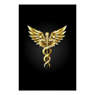 Póster Símbolo poligonal dorado Caduceo