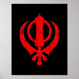 Póster Símbolo sikh rojo rasguñado de Khanda en negro