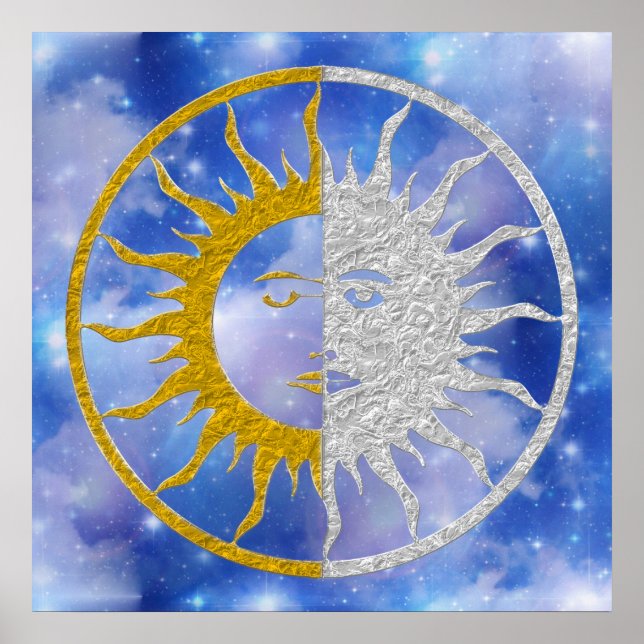 Póster Símbolo SUN & MOON - cielo de plata dorada (Frente)
