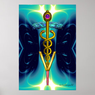 Póster SÍMBOLO VETERINARIO CADUCEO DE ORO Verde azulado A