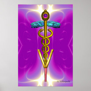 Póster SÍMBOLO VETERINARIO CADUCEUS DE ORO FANTASMA rosa