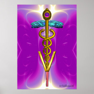 Póster SÍMBOLO VETERINARIO CADUCEUS DE ORO FANTASMA rosa