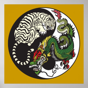 Póster símbolo yin yang de dragón verde y tigre blanco