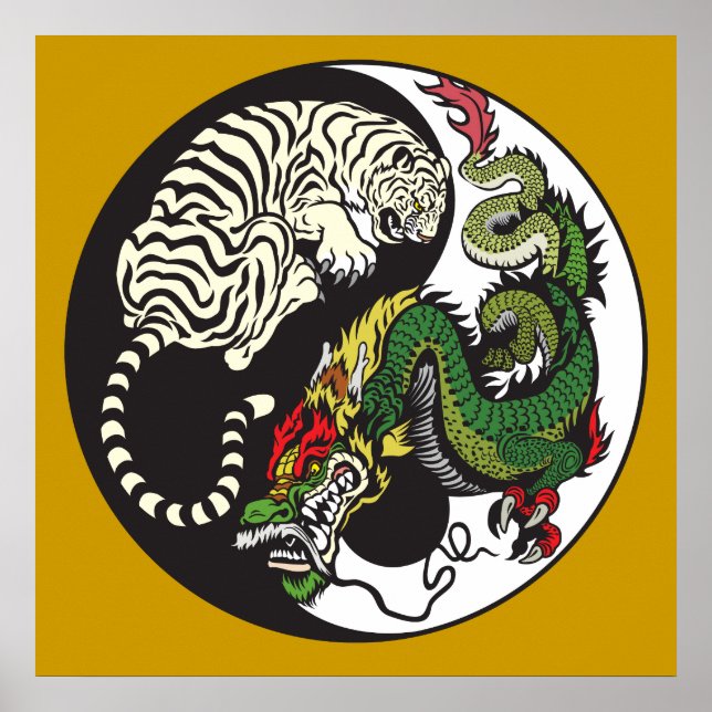 Póster símbolo yin yang de dragón verde y tigre blanco (Frente)
