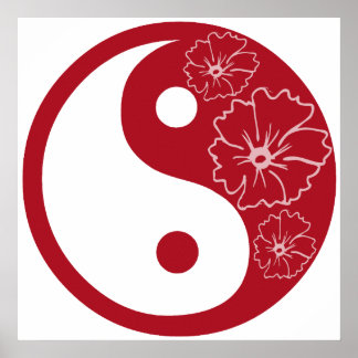 Póster Símbolo Yin Yang de flor tropical roja