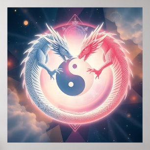 Póster Símbolo Yin Yang del Dragón Rojo y Negro