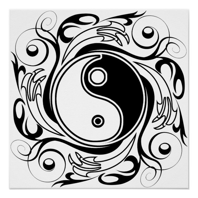 Póster Símbolo Yin & Yang estilo Tatuaje blanco y negro (Anverso)