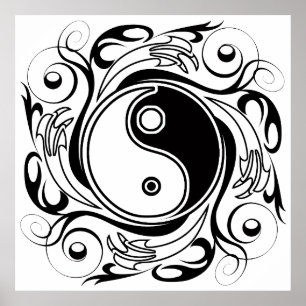 Póster Símbolo Yin & Yang negro y blanco estilo tatuaje