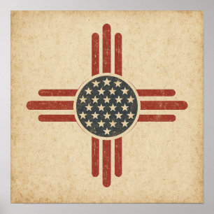 Póster Símbolo Zia Americano Antiguo – Suroeste Desgastad