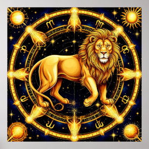Póster Símbolo zodiacal de Leo sobre fondo estrellado cel