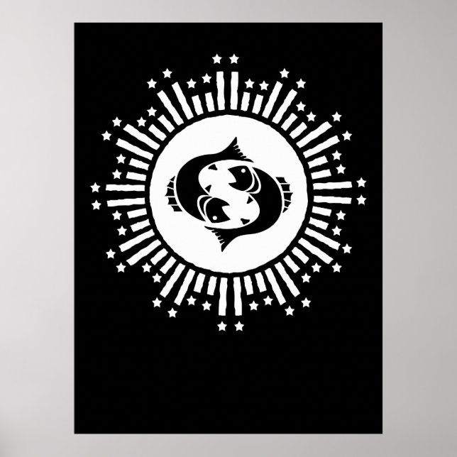 Póster Símbolo Zodiacal de Piscis con Estallido Celestial (Frente)