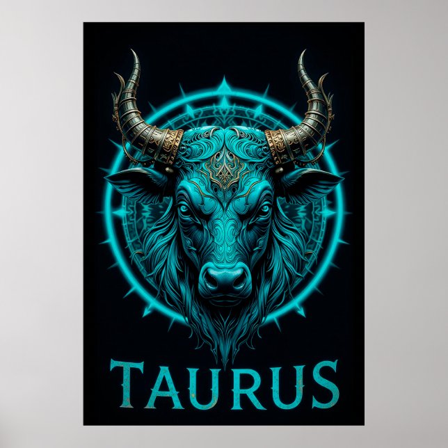 Póster Símbolo zodiaco de Taurus en acento azul y oro vib (Frente)
