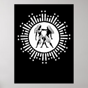 Póster Símbolo zodiaco gemini con estrellas negro y blanc