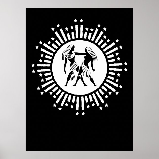 Póster Símbolo zodiaco gemini con estrellas negro y blanc (Frente)