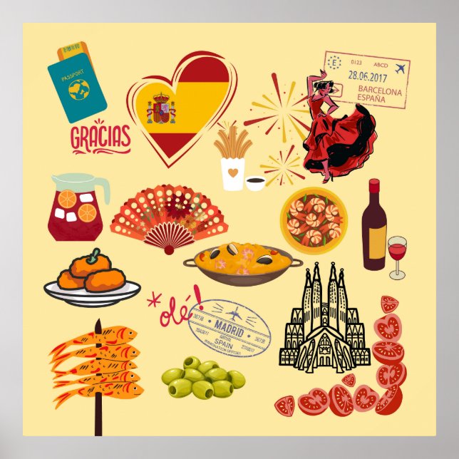 Póster Símbolos de España para los amantes de los viajes (Frente)