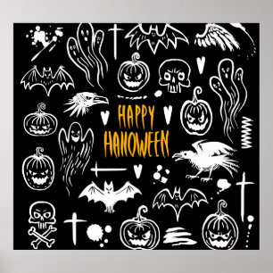 Póster Símbolos de Halloween dibujados a mano, colección