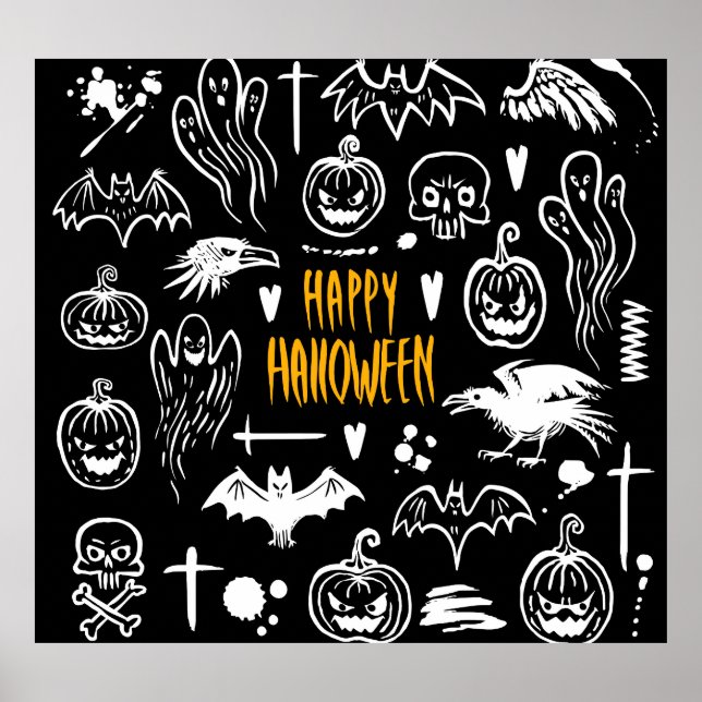 Póster Símbolos de Halloween dibujados a mano, colección  (Frente)
