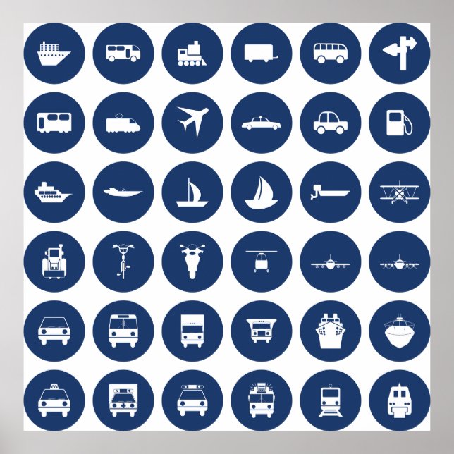 Póster Símbolos De Iconos De Transporte En Azul (Frente)