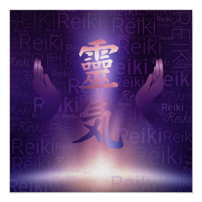 Póster Símbolos de Reiki y manos curadoras sobre la luz p (Anverso)