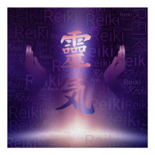 Póster Símbolos de Reiki y manos curativas en luz púrpura