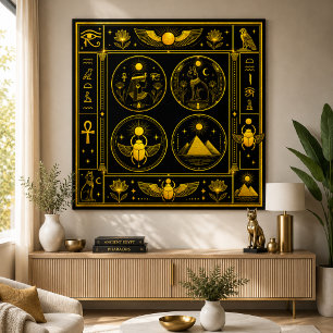 Póster Símbolos Egipcios Antiguos Patrón de Oro Negro de 
