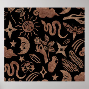 Póster Símbolos místicos: serpiente, sol, luna.