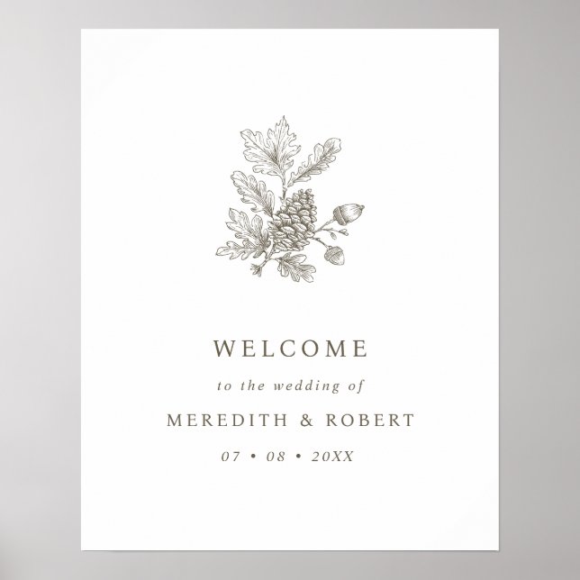 Póster Simple Acorn & Pinecone Fall Wedding Welcome (Frente)