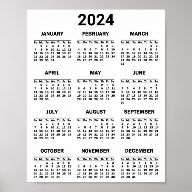 Póster Simple Black & White 2024 Year At Glance Calendar (Frente)