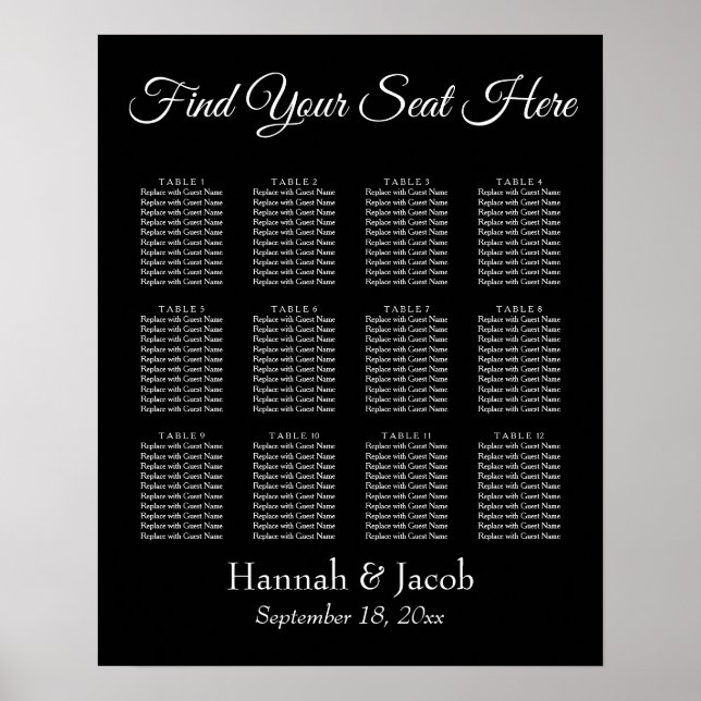 Póster Simple Black White Wedding Reception Seating Chart (Frente)