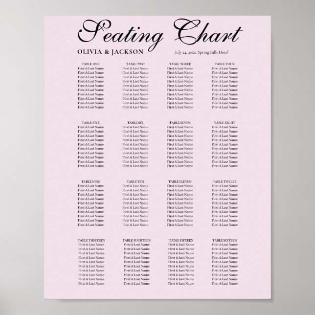 Póster Simple Blush Pink Wedding Seating Chart (Frente)