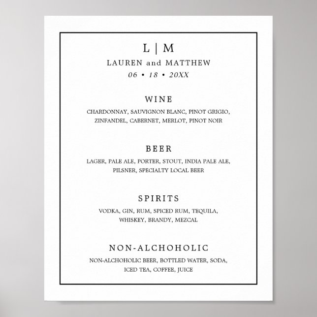 Póster Simple Boda Elegante en Monograma Blanco y Negro (Frente)