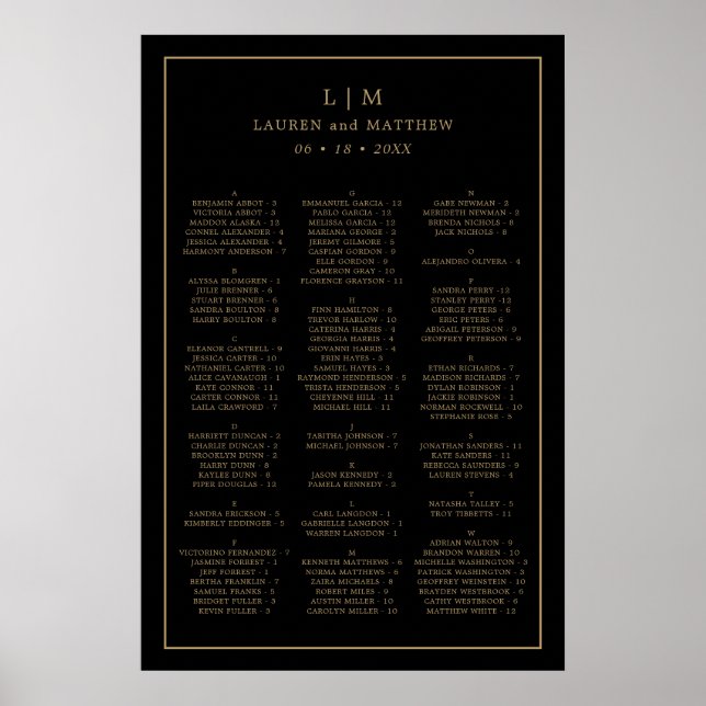 Póster Simple Boda Elegante en Monograma Negro y Oro (Frente)