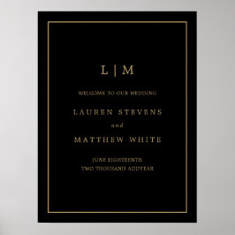 Póster Simple Boda Elegante en Monograma Negro y Oro