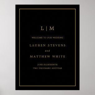 Póster Simple Boda Elegante en Monograma Negro y Oro