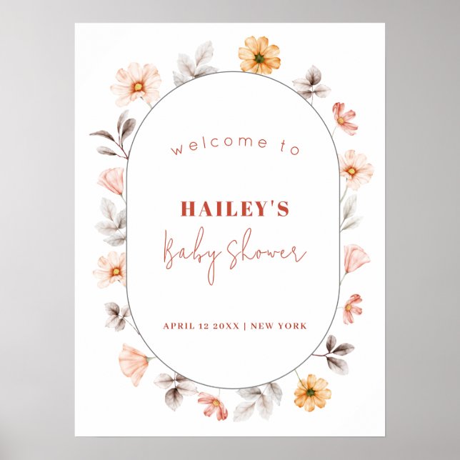 Póster Simple Boho Wildflower Frame Welcome Baby Shower (Frente)