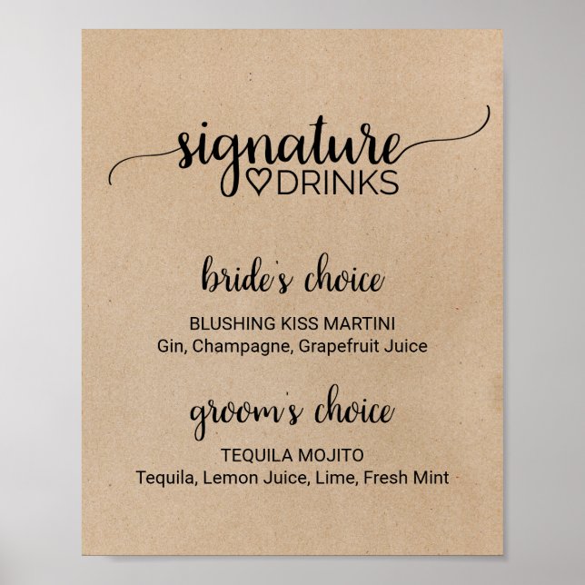 Póster Simple cartel de bebidas con firma Faux Kraft (Frente)