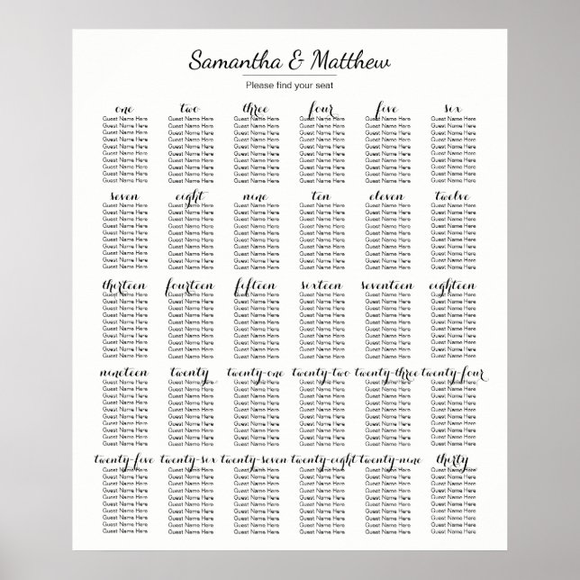 Póster Simple & Chic Wedding - 30 Tables | Seating Chart (Frente)