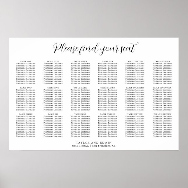 Póster Simple Contemporary Modern Wedding Seating Chart (Frente)