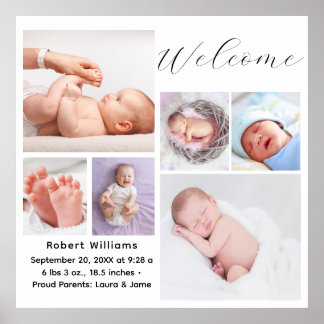 Póster Simple Elegant Baby Girl Photo Birth Date Stats