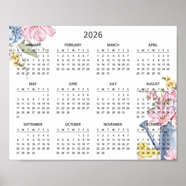 Póster Simple Elegant Floral Botanical 2026 Calendar |  (Frente)