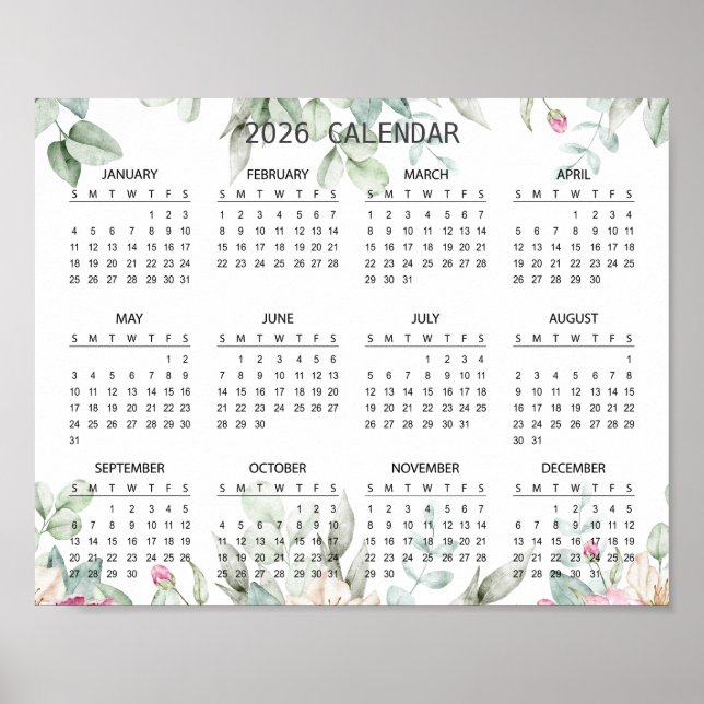 Póster Simple Elegant Floral Botanical 2026 Calendar |  (Frente)