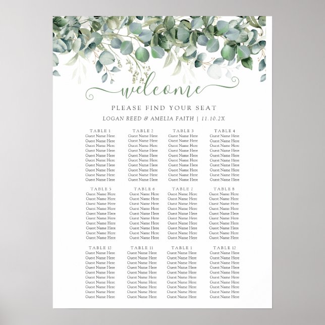 Póster Simple Eucalyptus Greenery Wedding Seating Chart (Frente)